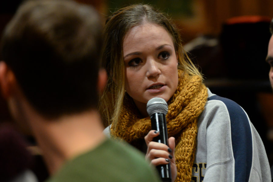 SGB board member Ciara Barry partakes in the Campus Master Plan discussion at Tuesday night’s meeting. (Photo by Sarah Cutshall | Staff Photographer)