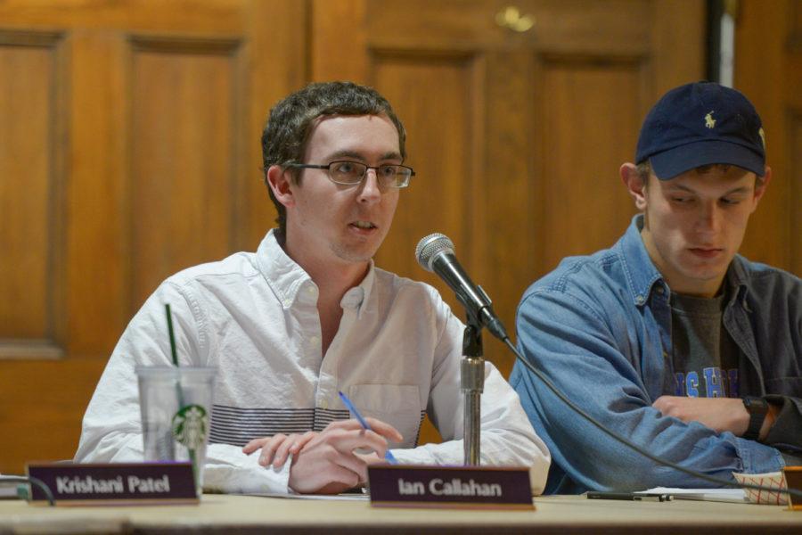 Student Government Board member Ian Callahan discusses SGB’s Wellness and Safety Fair at Tuesday night’s meeting. (Photo by Sarah Cutshall | Staff Photographer)