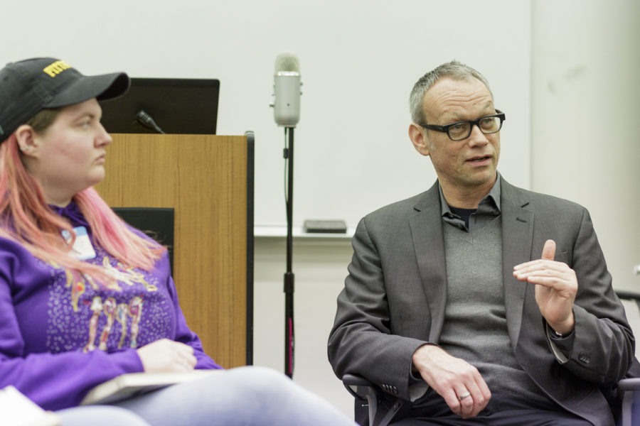 Randall Halle, a professor of German film and cultural studies, discusses his former financial struggles as a student during Wednesday’s “Strengthening Our Safety Net for Students” event. (Photo by Thomas Yang | Visual Editor)