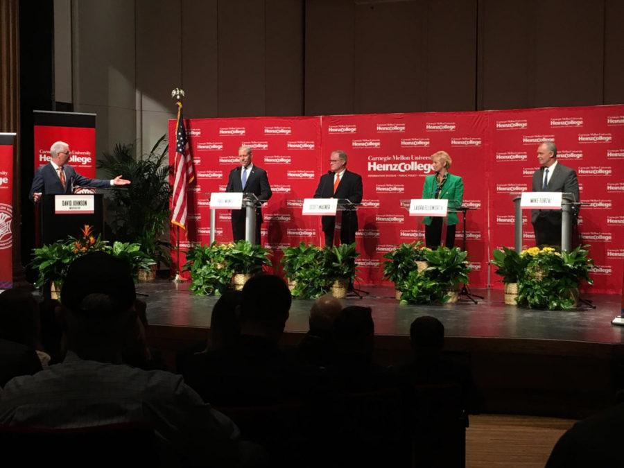 Republican candidates for Pennsylvania governor debate at Carnegie Mellon University Saturday. (Photo by Madeline Gavatorta | Staff Writer)