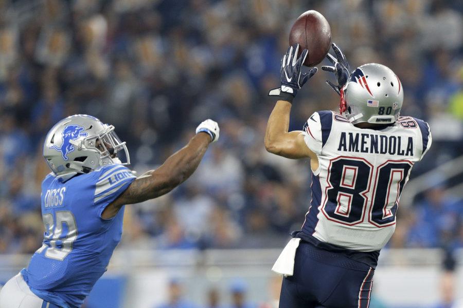 New England Patriots wide receiver Danny Amendola (80) goes up for a catch guarded by Detroit Lions cornerback Quandre Diggs (28) during the first half of a pre season NFL football game on Aug, 25, 2017 in Detroit, Mich. (Jorge Lemus/NurPhoto/Sipa USA/TNS)