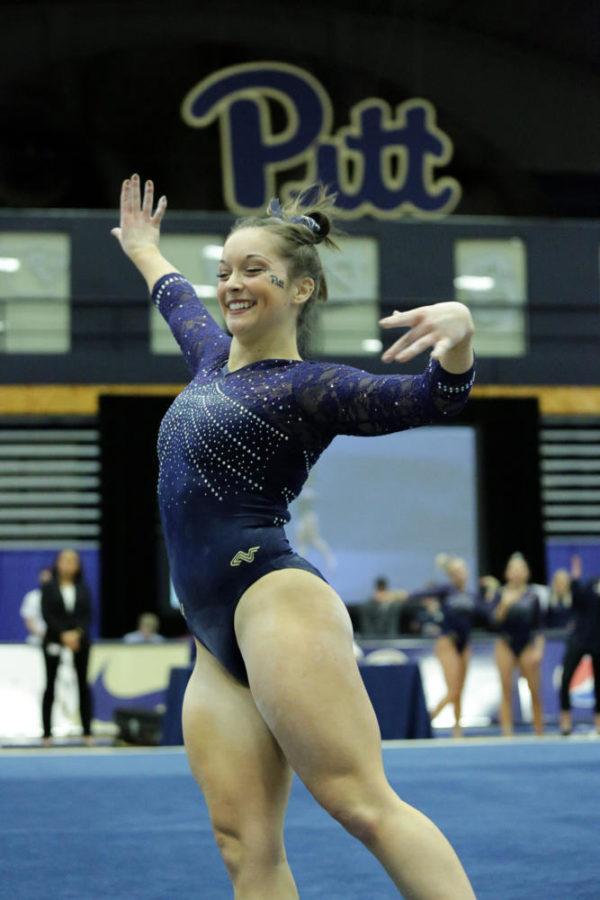 First year Haley Brechwald placed first in the floor event at Pitt’s 196.225 to 195.175 victory over New Hampshire.  (Photo by Thomas Yang | Visual Editor)