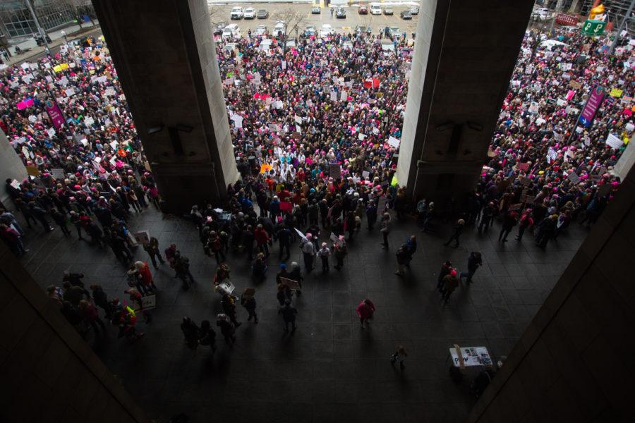 Marchers gather outside the City County Building in Downtown Pittsburgh before the 2018 Womens March. (Photo by John Hamilton / Managing Editor)