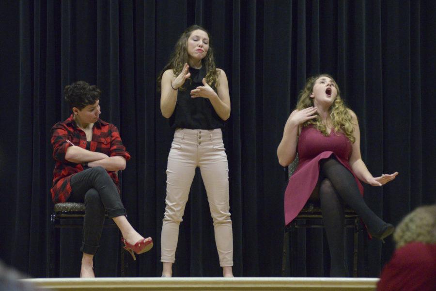 Natalie Miller (left), Emily Rush, and Savannah Garber (right) perform as part of the Vagina Monologues hosted by the Pitt Campus Women’s Organization in the O’Hara Student Center this weekend. (Photo by Issi Glatts | Assistant Visual Editor)