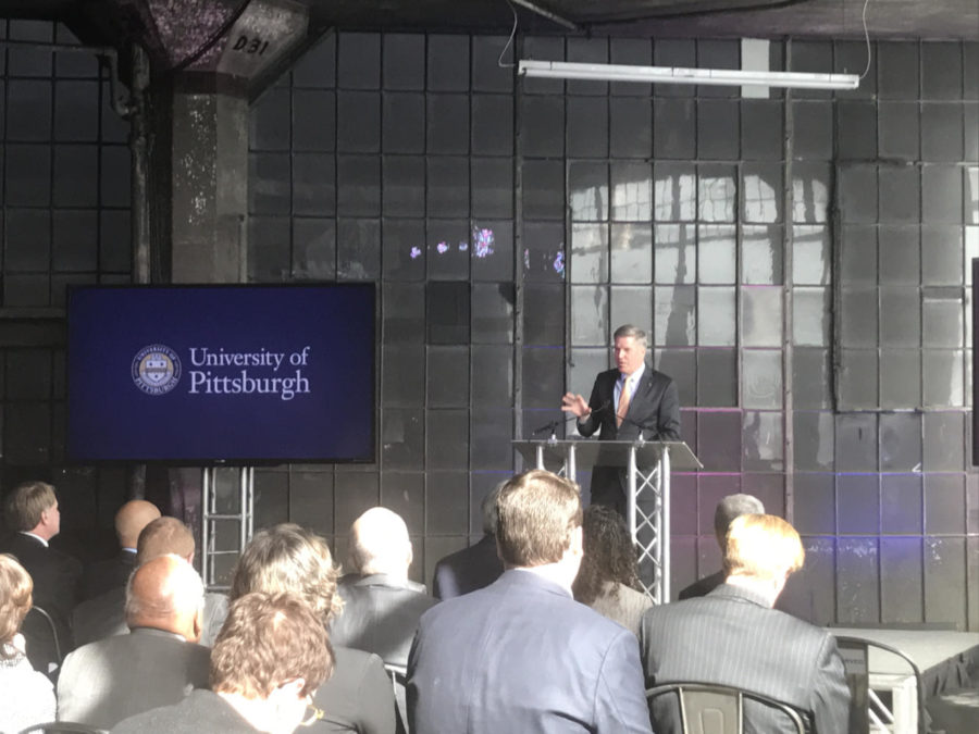 Chancellor Patrick Gallagher speaks at UPMC and Pitts announcement of a research partnership. (Photo by Janine Faust / Contributing Editor)