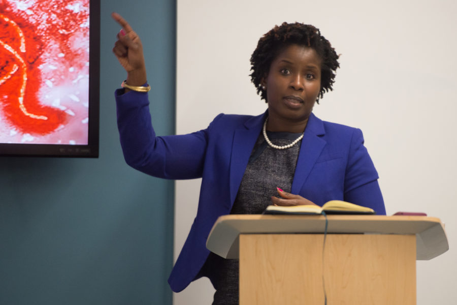 Matiangai Sirleaf, assistant professor of law at Pitt, discusses the effect that the Ebola virus has on West African countries as part of Pitt’s Critical Research on Africa Lecture Series. (Photo by Divyanka Bhatia | Staff Photographer)