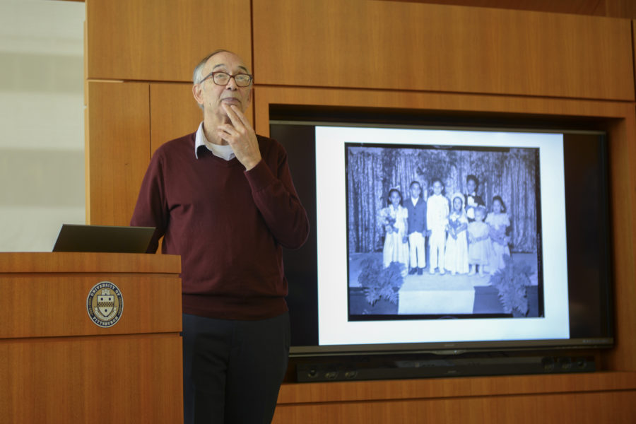 Larry Glasco, an associate professor at Pitt’s department of history, gave a lecture called “The Best of Times: Black Pittsburgh During WWII” Wednesday night in Hillman Library. (Photo by Chiara Rigaud | Staff Photographer) 
