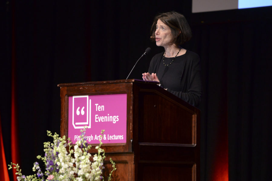 Susan Faludi, a feminist journalist and author, spoke to a large crowd Monday night in the Carnegie Music Hall about her history and her parent’s experiences as a Holocaust survivor, Hungarian-American immigrant and transgender woman. (Photo by Isabelle Glatts | Assistant Visual Editor)