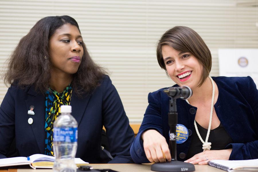 Mayor of Wilkinsburg Marita Garrett (left) listens as District 21 State Representative candidate Sara Innamorato discusses her entry into the political field at Sunday evening’s Women in Politics panel. (Photo by Thomas Yang | Visual Editor)