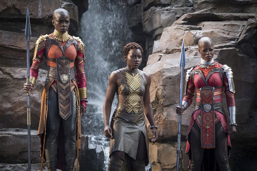 Three members of the Dora Milaje play major roles in Black Panther. From left, Okoye (Danai Gurira), Nakia (Lupita Nyongo) and Ayo (Florence Kasumba). (Matt Kennedy/Marvel Studios/TNS)