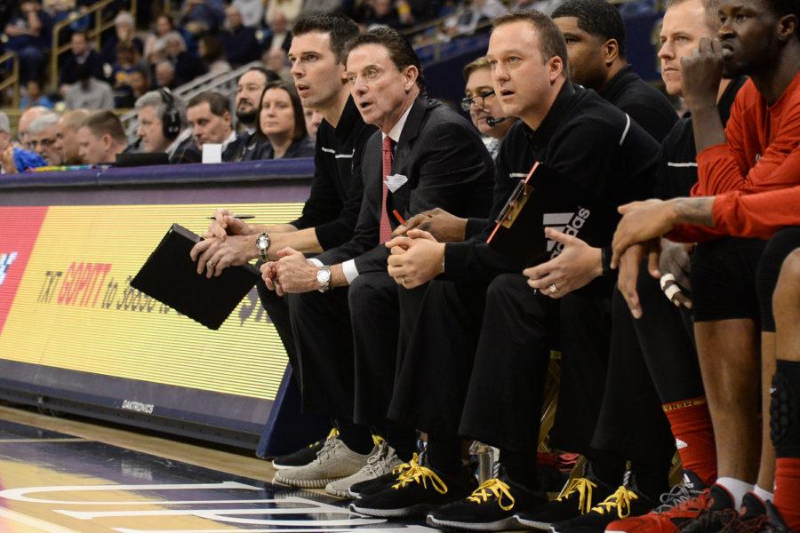 Former Louisville men’s basketball head coach Rick Pitino watches from the bench as the Panthers play the Cardinals Jan. 24, 2017, at the Petersen Events Center. (TPN File Photo)