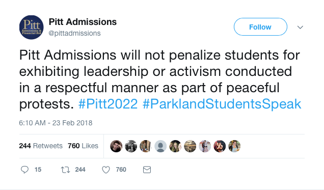 Pitt Admissions tweeted regarding student activism.  