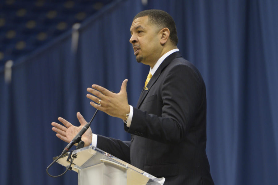 New head basketball coach Jeff Capel speaks at the Petersen Events Center Wednesday. (Photo by Mackenzie Rodrigues / Contributing Editor)