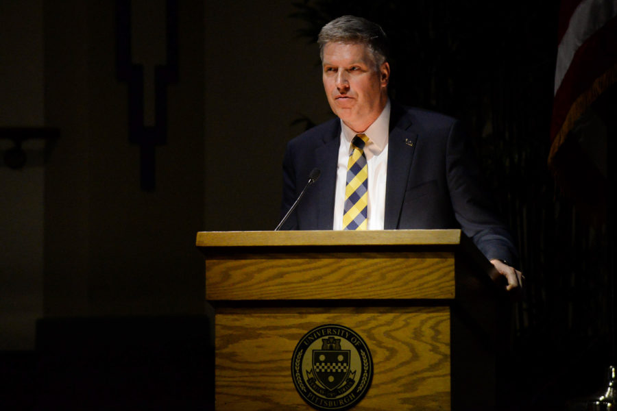 Chancellor Patrick Gallagher speaks at a Board of Trustees meeting in February. 