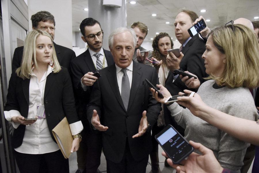 Sen. Bob Corker, chairman of the Senate Foreign Relations Committee, talks to reporters Tuesday, March 13, 2018 on Capitol Hill about CIA Director Mike Pompeo’s nomination as Secretary of State in Washington, D.C. (Olivier Douliery/Abaca Press/TNS)