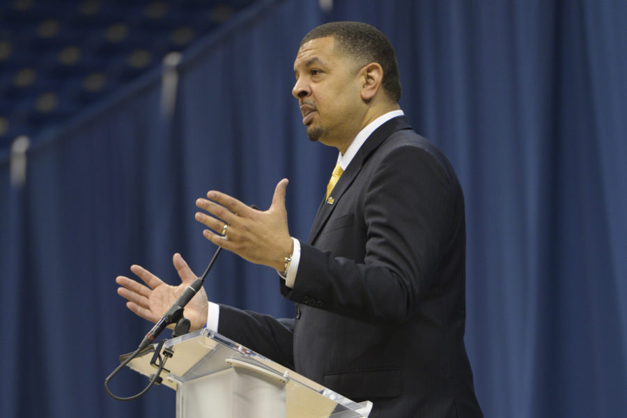 Pitt’s new men’s basketball head coach, Jeff Capel, speaks at the Petersen Events Center Wednesday afternoon. (Photo by Mackenzie Rodrigues | Contributing Editor)