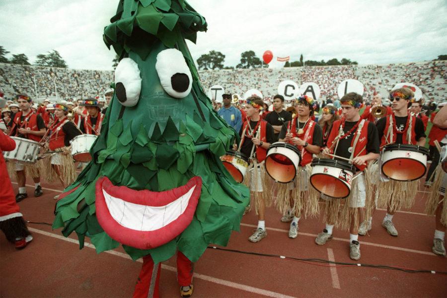 The Stanford Tree mascot dances with the Stanford University marching band at a halftime show. (L.G. Francis/San Jose Mercury News)
