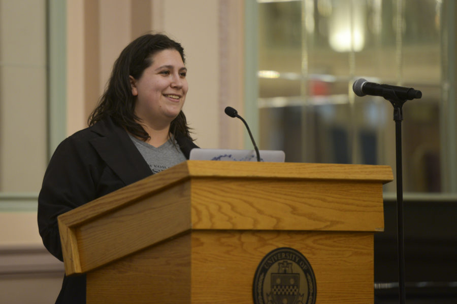 Veronica Coptis, executive director of the Center for Coalfield Justice, discusses environmental and labor issues at the Environmental Justice and Labor Rights event in the William Pitt Union Wednesday night. (Photo by Sarah Cutshall | Staff Photographer) 