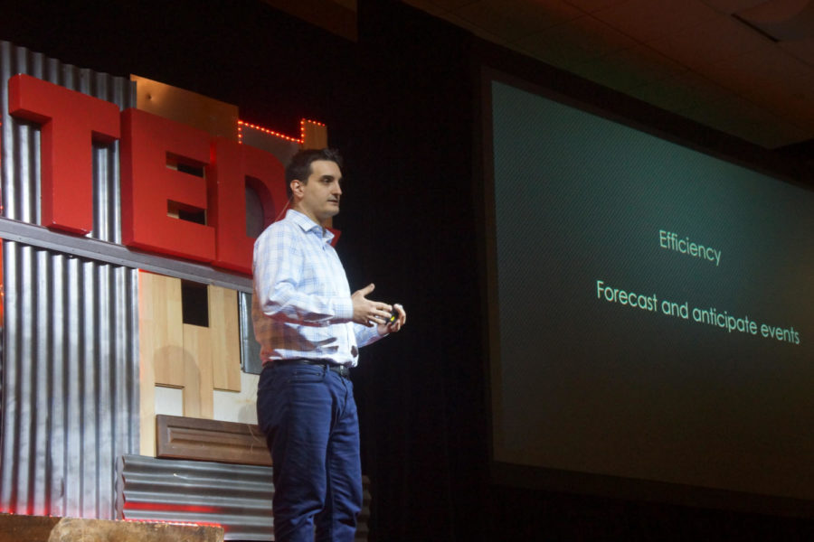 Konstantinos Pelechrinis, associate professor at the School of Computing and Information, discusses the future of smart city planning at Saturday’s TEDx University of Pittsburgh event. (Photo courtesy of Ian Callahan)
