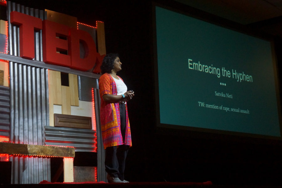 Satvika Neti discusses identity at Saturday’s TEDx University of Pittsburgh event. (Photo courtesy of Ian Callahan)

