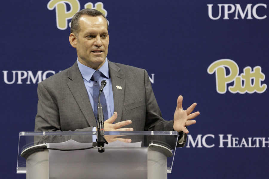 Pitt’s new women’s basketball head coach Lance White speaks at Thursday’s press conference in the Petersen Events Center. (Photo by Anas Dighriri | Staff Photographer)
