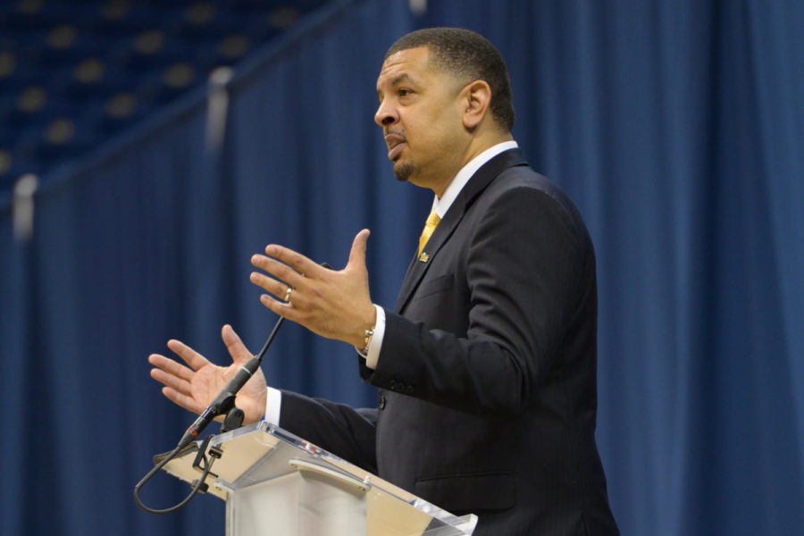 New head basketball coach Jeff Capel speaks at the Petersen Events Center Wednesday. (Photo by Mackenzie Rodrigues | Contributing Editor)
