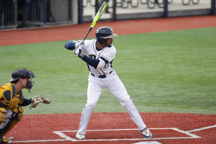 Redshirt junior Liam Sabino (11) contributed two hits and three RBIs during Pitt’s 4-3 win over Georgia Tech Saturday. (Photo by Thomas Yang | Visual Editor)
