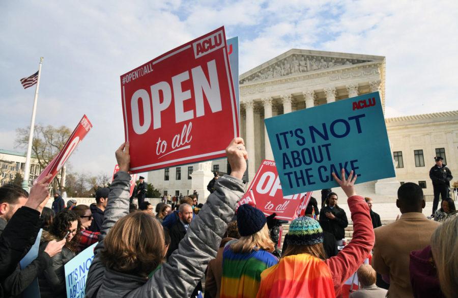  Protesters gathered in front of the Supreme Court building Dec. 5, 2017, the day the court was to hear the case Masterpiece Cakeshop v. Colorado Civil Rights Commission. The case was decided in favor of Masterpiece Cakeshop June 4, 2018. (Olivier Douliery/Abaca Press/TNS)
