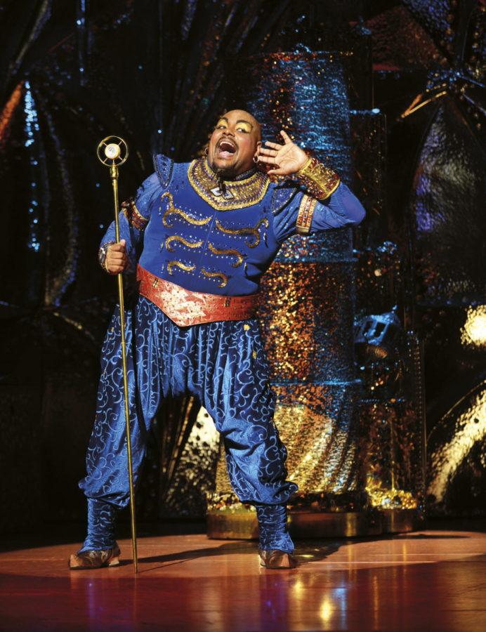 Trevor Dion Nicholas plays the role of Genie in Disney’s “Aladdin,” presented by PNC Broadway in Pittsburgh. The production runs from Aug. 22 until Sept. 9. (Photo by Deen van Meer/courtesy of Pittsburgh Cultural Trust)