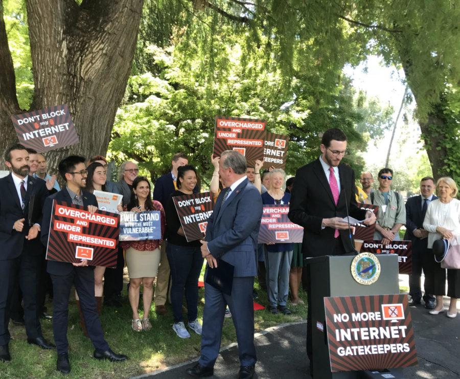 California Sen. Scott Wiener (D-San Francisco) reads a list of consumer and open internet advocacy groups who came to Sacramento on May 29, 2018, to lobby the Legislature on a net-neutrality bill as a Senate deadline looms. Legislators in the state ended a dispute over a proposed net neutrality bill Thursday. (Katy Murphy/Bay Area News Group/TNS)