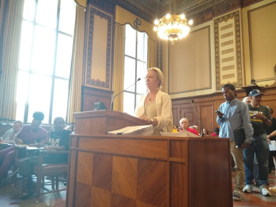 A Pittsburgh resident speaks against the UPMC Mercy Expansion at Tuesday’s city council meeting. Council passed a motion to let the hospital expand shortly afterwards.