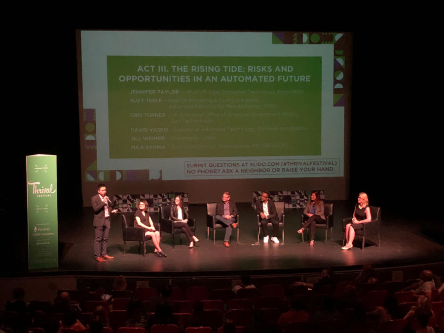 The “Act III. The Rising Tide” panel discusses the future of automation at Thrival’s Future of Work Symposium. (Photo by Elizabeth Donnelly | Contributing Writer)
