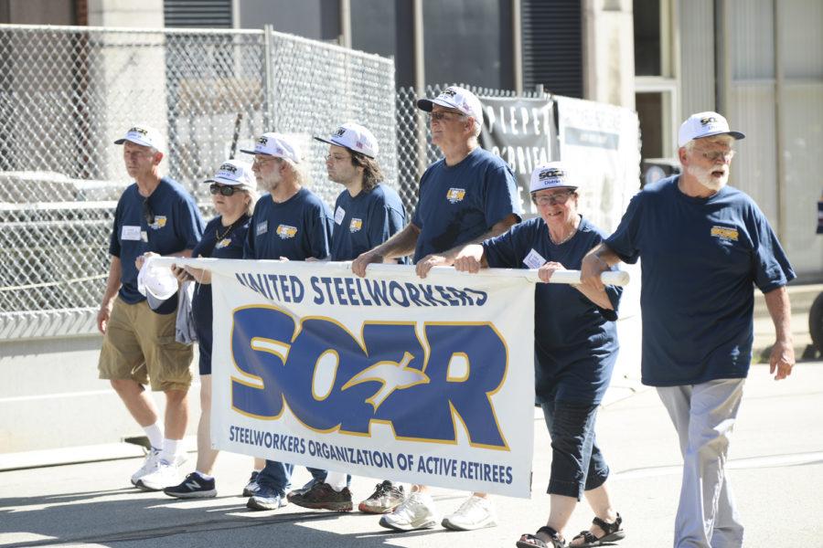 Steelworkers Organization of Active Retirees marches in Pittsburgh’s Labor Day parade Monday morning.