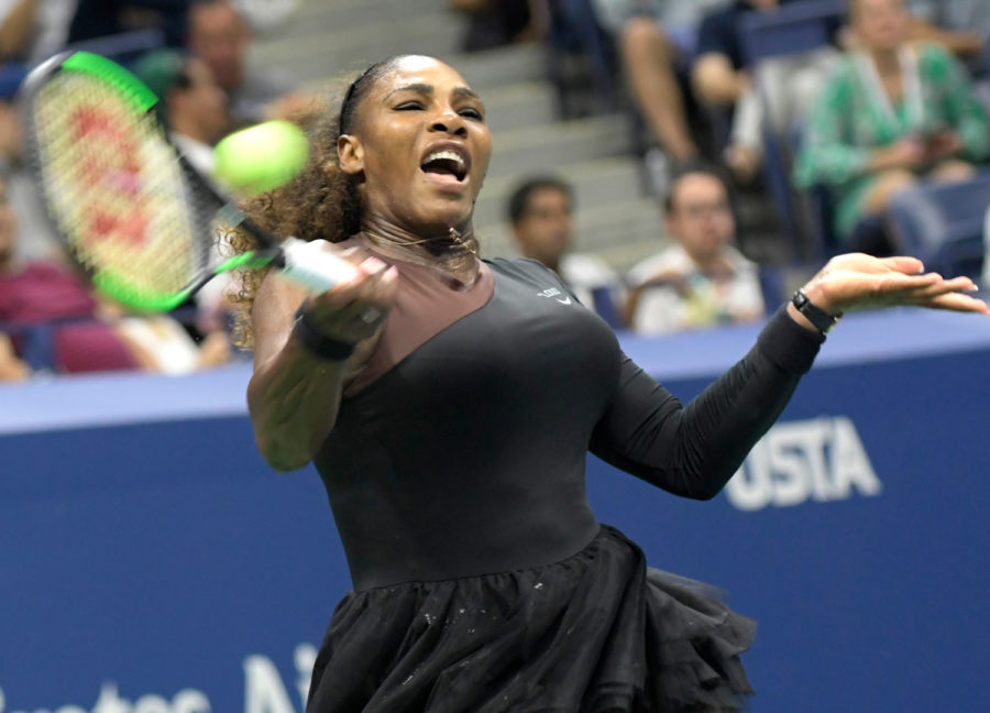 Serena Williams in action against the Czech Republic’s Karolina Pliskova in the quarterfinals of the U.S. Open at the the Billie Jean King National Tennis Center in New York on Tuesday, Sept. 4. Williams advanced, 6-4, 6-3. (Louis Lanzano/Sipa USA/TNS)