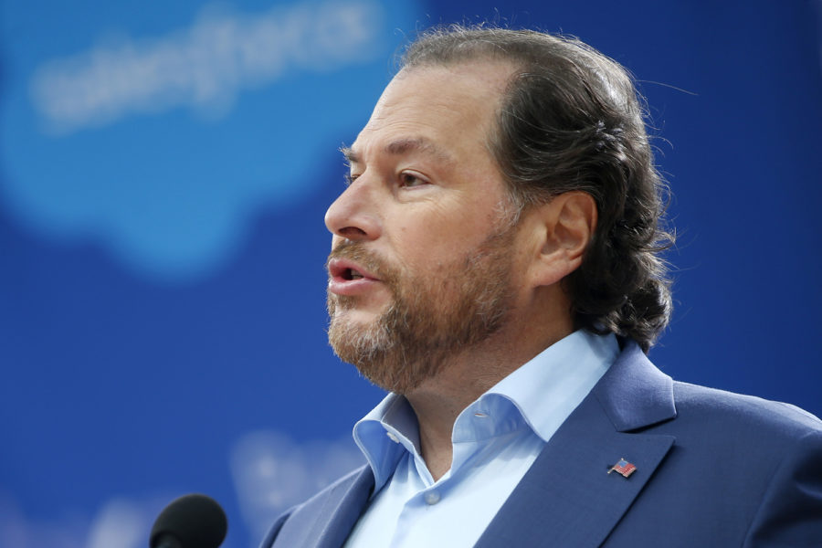 Salesforce founder and CEO Marc Benioff speaks during the grand opening of the Salesforce Tower, the tallest building in San Francisco, on May 22.