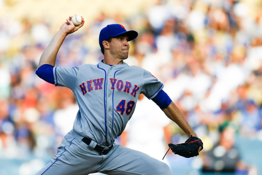 New York Mets starting pitcher Jacob deGrom (48) pitches against the Los Angeles Dodgers during a Major League Baseball game at Dodger Stadium on Sept. 3 in Los Angeles. (Kent Nishimura/Los Angeles Times/TNS)