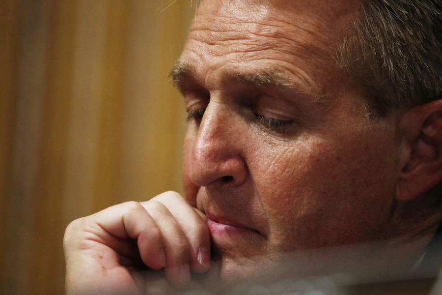 Sen. Jeff Flake (R-Ariz.) listens during a Senate Judiciary Committee confirmation hearing with professor Christine Blasey Ford, who has accused Supreme Court nominee Brett Kavanaugh of a sexual assault in 1982, on Capitol Hill in Washington, D.C., on Thursday, Sept. 27, 2018. (Jim Bourg/Pool/Abaca Press/TNS)