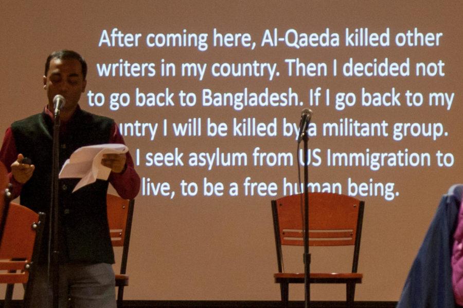 Writer and activist Tuhin Das speaks about the dangers Al-Qaeda presented to writers in his homeland of Bangladesh at Wednesday night’s “City Of Asylum Exiled Writers Residencies” event. (Photo by Sarah Connor | Contributing Editor)