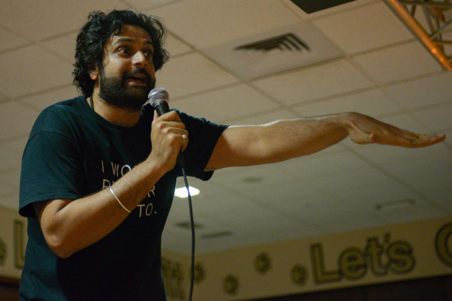Guest comedian Pranav Behari delivers a sex-based bit at Wednesday night’s “Collegiates and Comedians.” (Photo by Sarah Cutshall | Staff Photographer)

