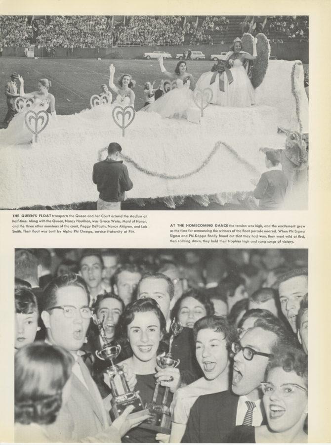 (Top) Pitt’s 1957 homecoming queen rides atop a float built by Alpha Phi Omega, a service fraternity at Pitt. (Bottom) Phi Sigma Sigma and Phi Kappa find out they’ve won the float parade contest.