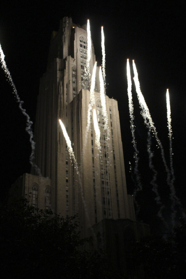 Fireworks lit up the Cathedral of Learning last October for Courtside at the Cathedral — a celebratory event for homecoming and the season commencement for Pitt’s basketball teams.