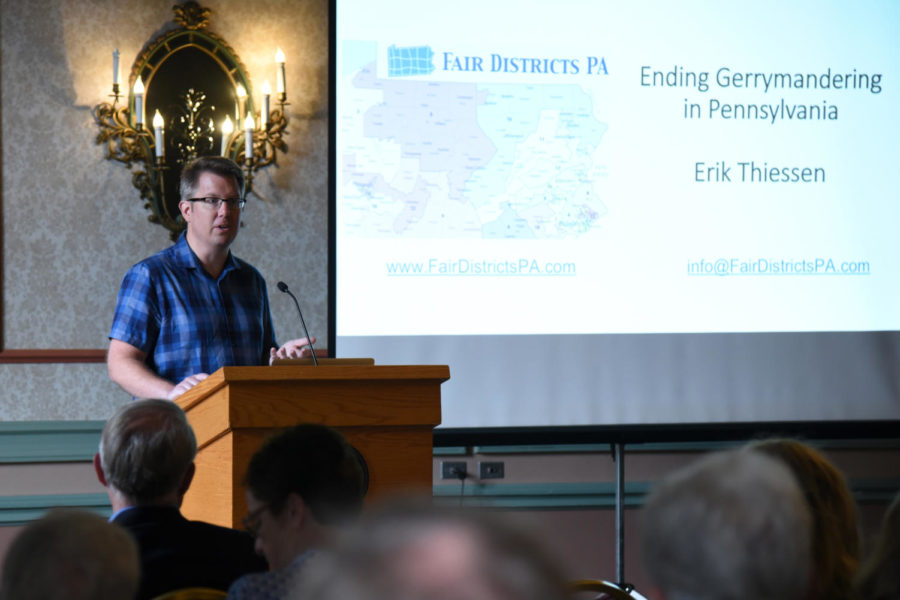 Erik Thiessen, a member of Fair Districts PA, speaks about the impact of gerrymandering on voters at Tuesday afternoon’s “Let’s Talk Gerrymandering” event. (Photo by Knox Coulter | Staff Photographer)
