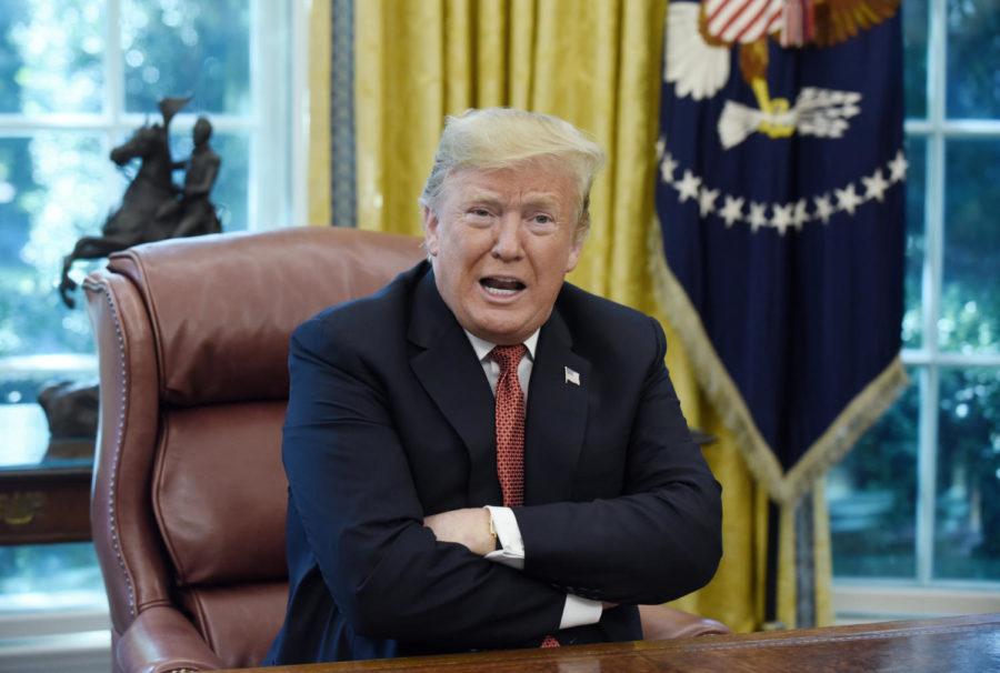 President Donald Trump speaks during a meeting with workers on “Cutting the Red Tape, Unleashing Economic Freedom” in the Oval Office of the White House on Wednesday. (Olivier Douliery/Abaca Press/TNS)
