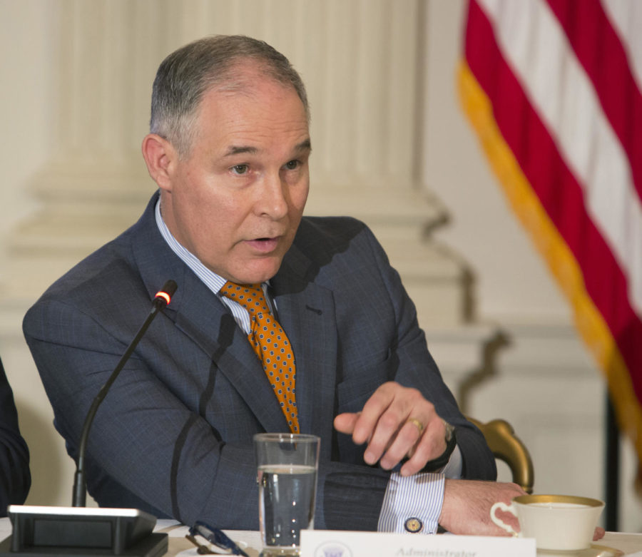 Former Environmental Protection Agency Administrator Scott Pruitt participates in a meeting with state and local officials regarding the Trump infrastructure plan on Feb. 12, 2018, at the White House in Washington, D.C. The EPA wants to quicken the pace of deregulations. (Chris Kleponis/CNP/Zuma Press/TNS)