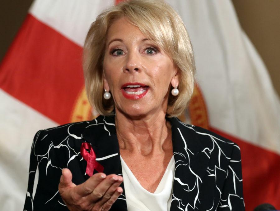 U.S. Secretary of Education Betsy DeVos speaks during a news conference in Coral Springs, Florida, after meeting with students at Marjory Stoneman Douglas High School on March 7. 