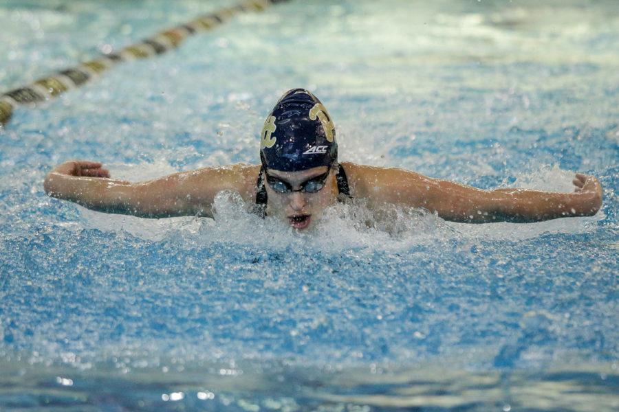 Junior Valerie Daigneault competes in the 100-yard fly at the Western PA Invite on Jan. 27.