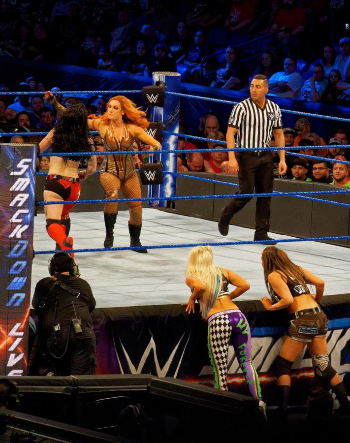 Becky Lynch (right) fights Ruby Riot at WWE Wrestlemania 34 in New Orleans on April 8.
