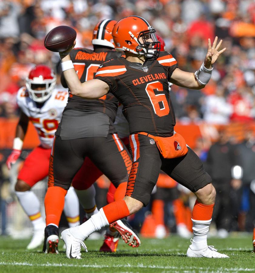 Cleveland Browns quarterback Baker Mayfield throws in the first quarter against the Kansas City Chiefs on Sunday at FirstEnergy Stadium in Cleveland.