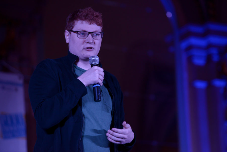 Senior English writing major Lorenzo Disilvio performs at Pitt Program Council’s “So You Think You’re Funny” comedy competition Wednesday night.