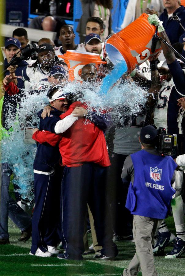 Patriots coach Bill Belichick is doused with Gatorade after winning Super Bowl XLIX on February 1, 2015, at the University of Phoenix Stadium in Glendale, Arizona. 
